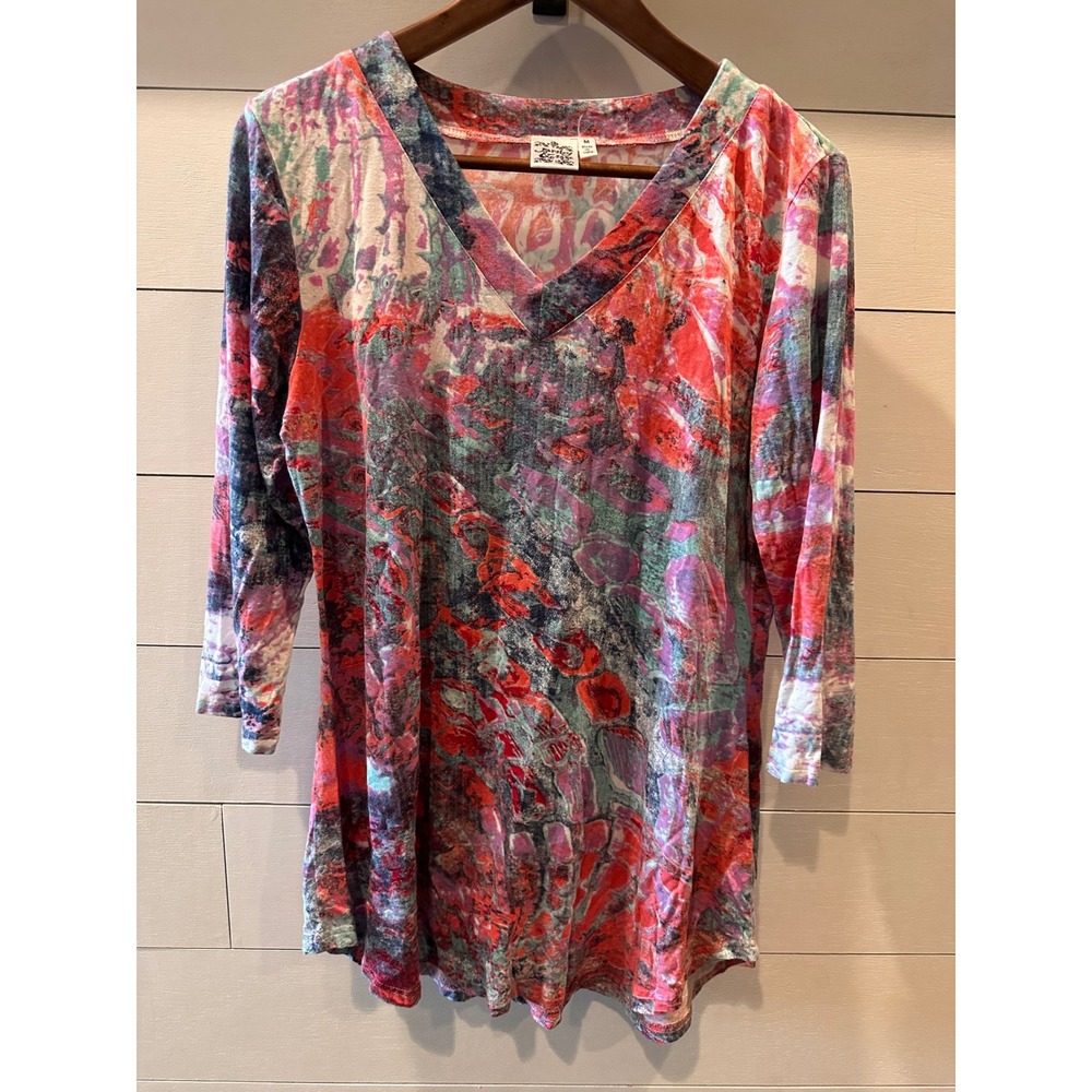 Parsley & Sage Women M V-Neck Tunic Top 3/4 Sleeve Abstract Multi Color Stretch